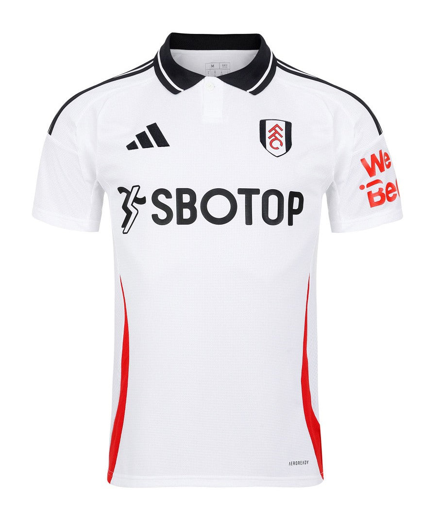 GGzYr7khMztBgOr | UAE SPORT STORE White football jersey with black collar trim and red side panels, featuring the SBOTOP sponsor and Fulham crest on the chest (front view).