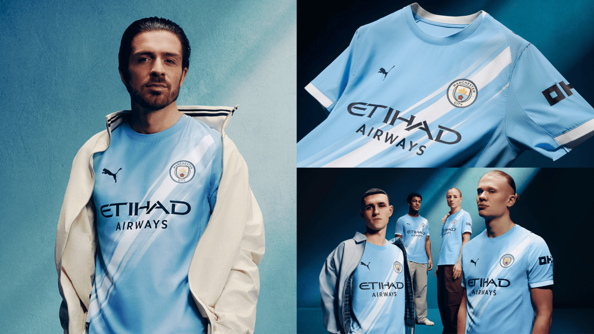 Collage of Manchester City players in light blue Etihad Airways jerseys against blue backdrops.