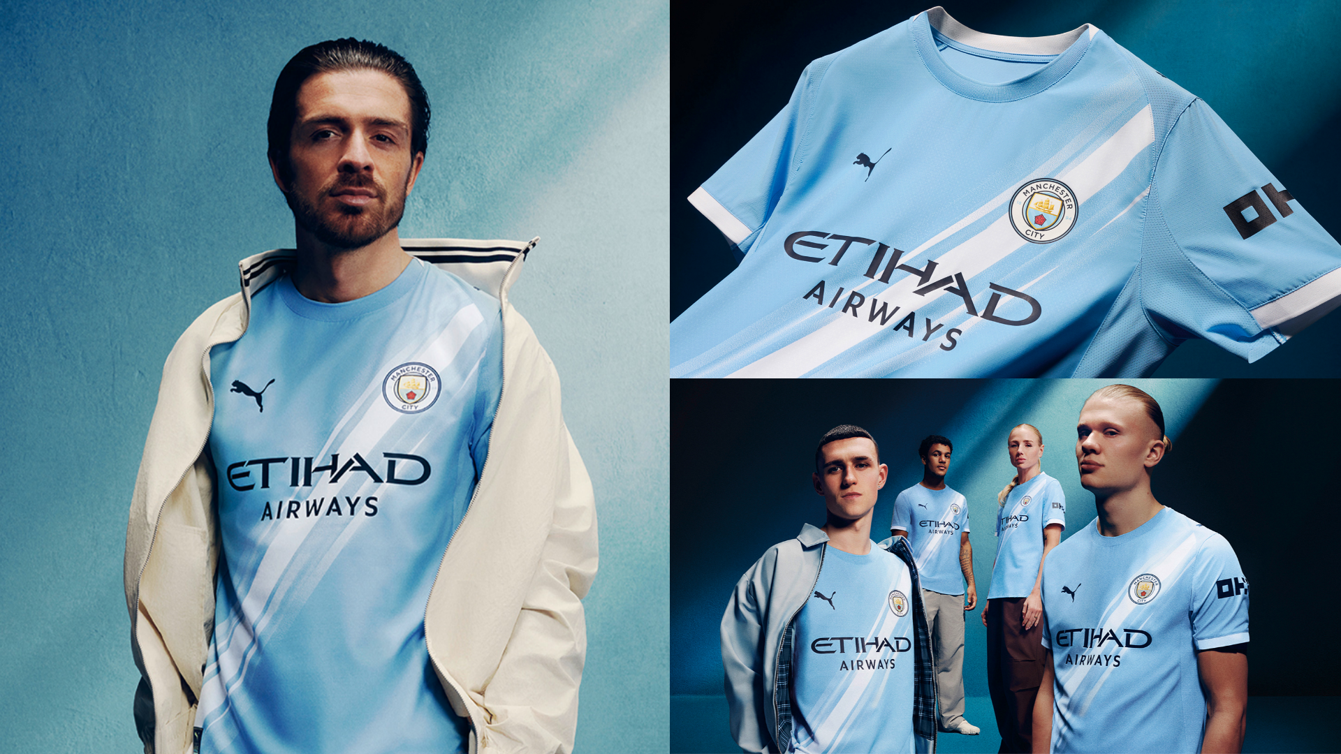 Collage of Manchester City players in light blue Etihad Airways jerseys against blue backdrops.