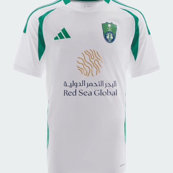 White soccer jersey with green accents, crest on the left chest, Adidas logo, and Red Sea Global sponsor text at the front.