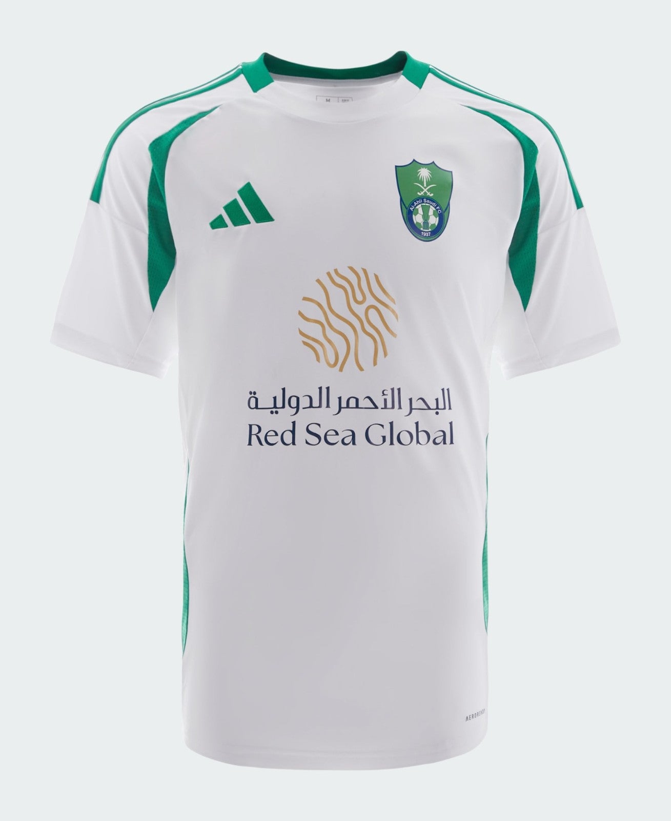 GSEh9EbDMow6baS | UAE SPORT STORE White soccer jersey with green accents, crest on the left chest, Adidas logo, and Red Sea Global sponsor text at the front.