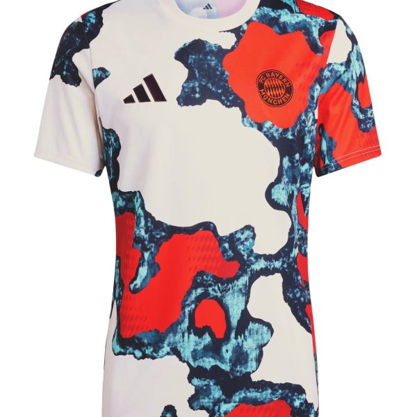 White athletic shirt with blue-red abstract camouflage pattern, Adidas logo on the left chest and FC Bayern Munich crest on the right chest.