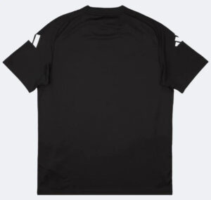 Back view of a plain black short-sleeve T-shirt laid flat with small white cutout details on the sleeves.
