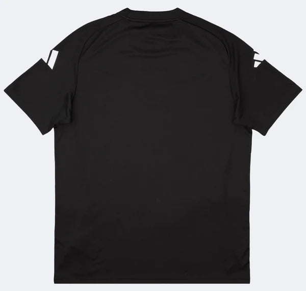 Back view of a plain black short-sleeve T-shirt laid flat with small white cutout details on the sleeves.