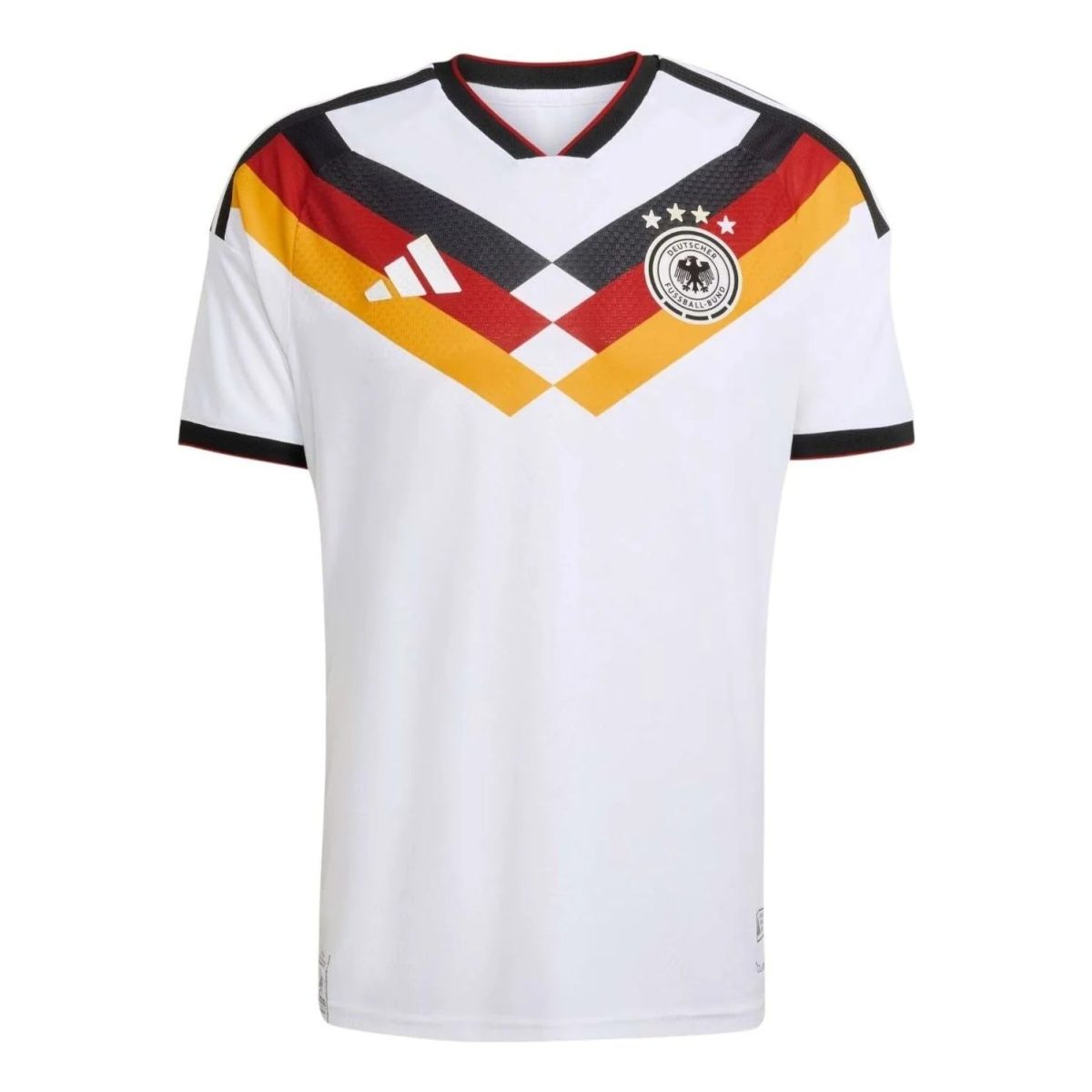 White soccer jersey with German flag chevrons across the chest, Adidas logo on the left and DFB crest on the right hemisphere of the chest.