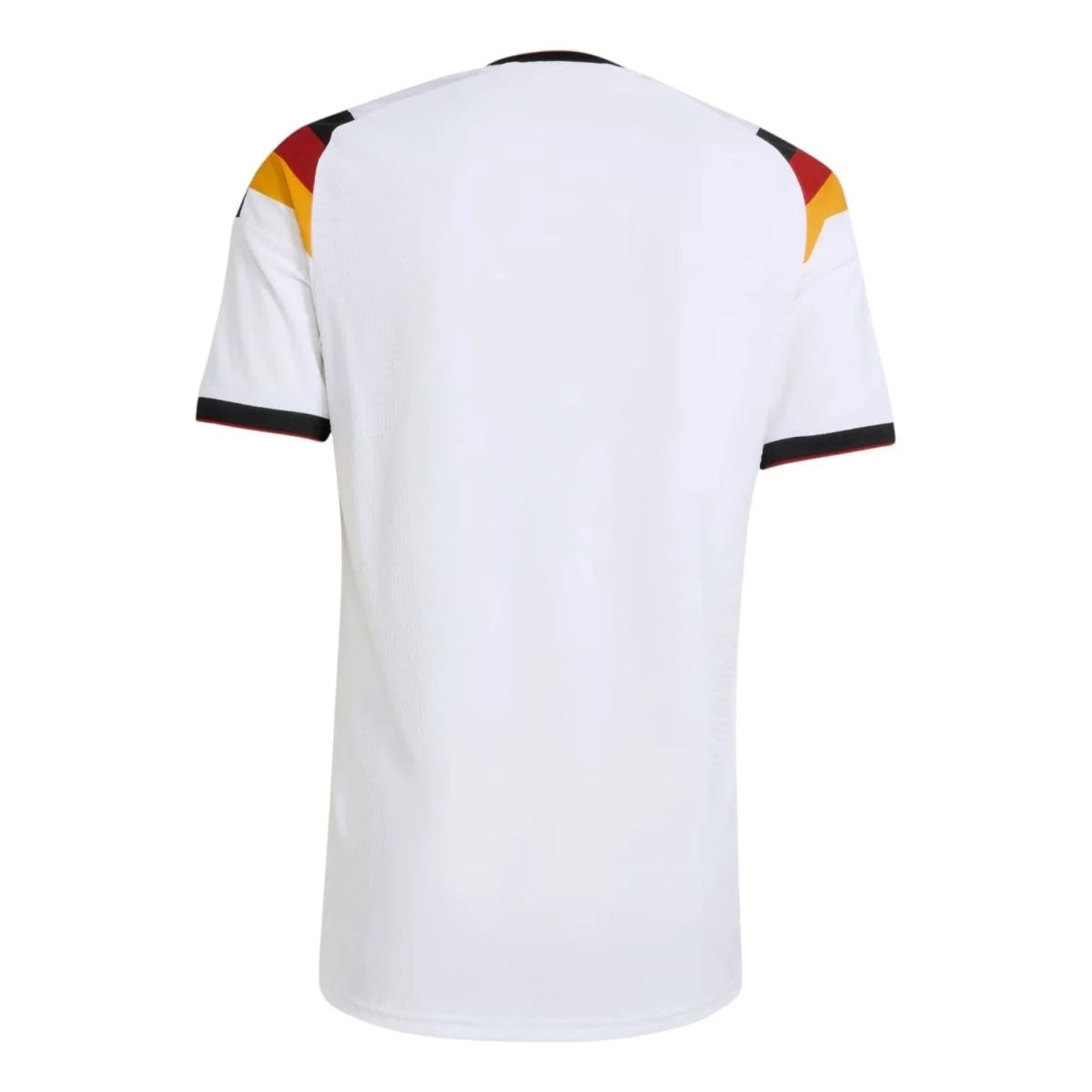 Back view of a white T-shirt with German flag-colored panels on the shoulders (black, red, yellow).