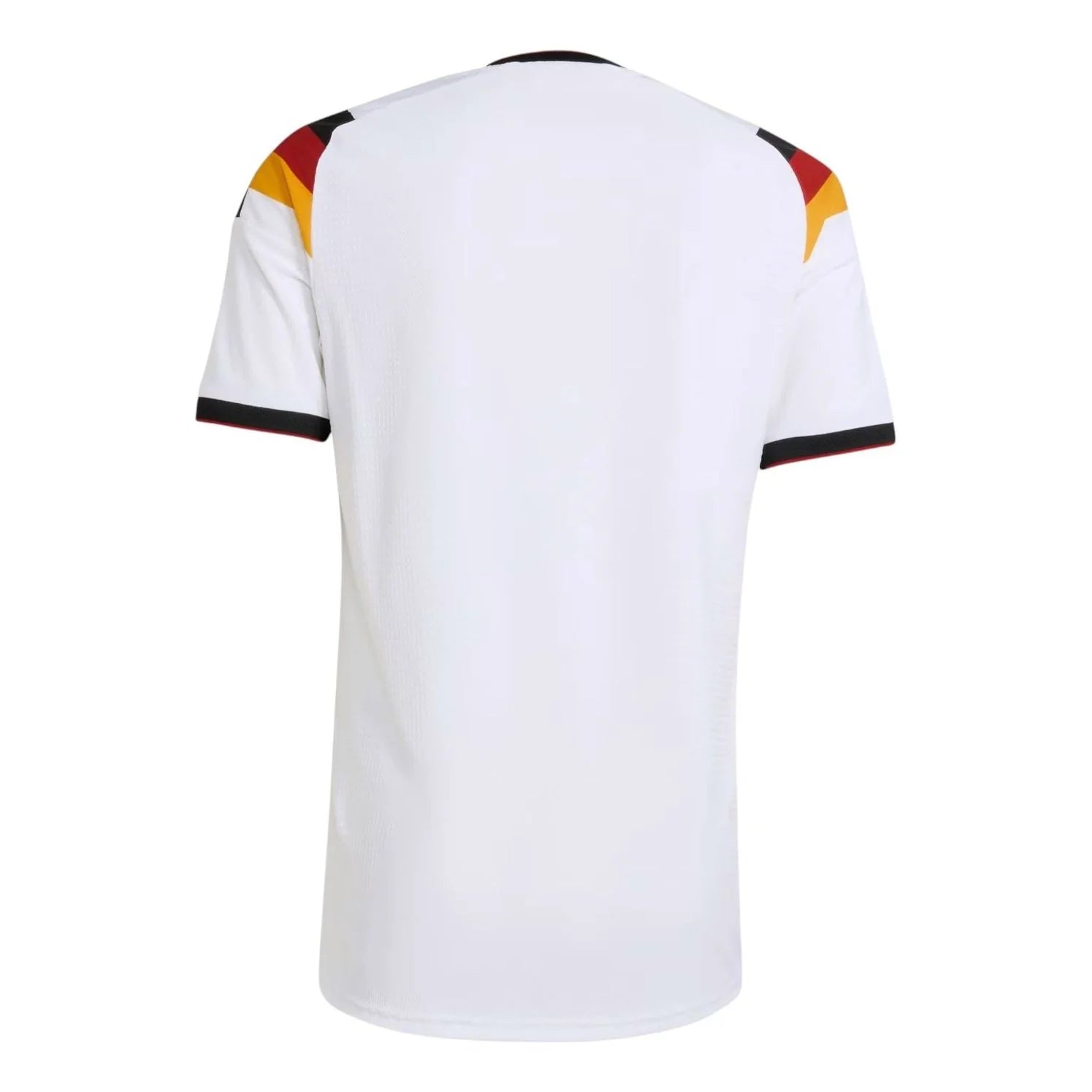 Back view of a white T-shirt with German flag-colored panels on the shoulders (black, red, yellow).