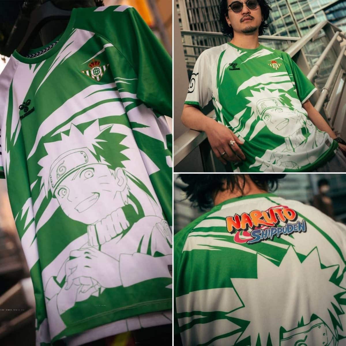 Green and white Naruto Shippuden jersey with a large anime graphic, worn by a man in an urban setting.