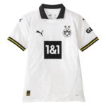 White Borussia Dortmund football jersey with black collar, featuring team crest, PUMA logos, and 1&1 sponsor across the chest.