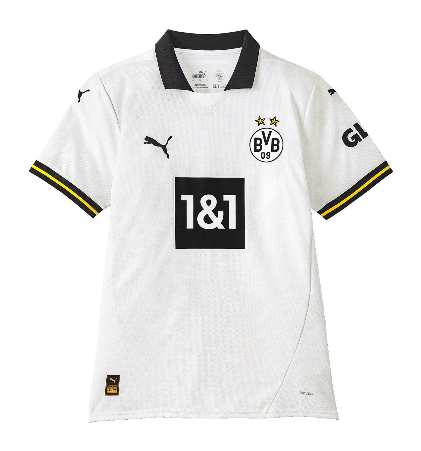 GxiY5clqN1ACu24 White Borussia Dortmund football jersey with black collar, featuring team crest, PUMA logos, and 1&1 sponsor across the chest.