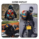 Three-panel collage of a motorcyclist seen from behind wearing a bold, multicolored graphic backpack on the bike, shown in different angles.