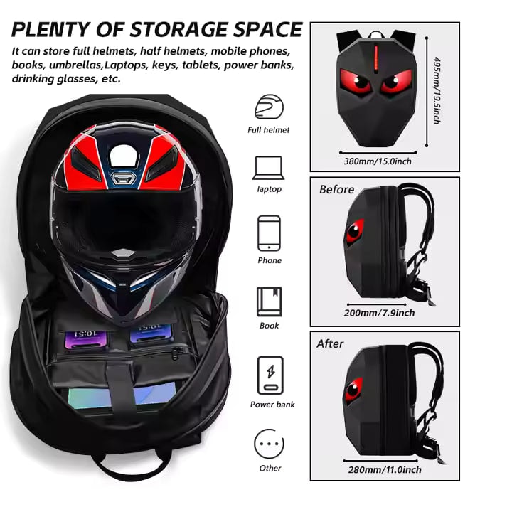 H200ba34466d2400a896f75c866285ba3T | UAE SPORT STORE Backpack with a helmet stored inside, showing roomy storage for helmet, laptop, and small items with labeled icons on the side.