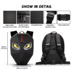 Black polygonal backpack with a mask-like front and red LED, shown from front and back with dimensions 495mm tall and 380mm wide; insets describe features: hard shell, anti-theft zipper, breathable back, adjustable shoulder straps, and waist safety lock.