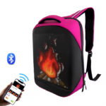 Pink and black LED backpack that lights up with a flame animation, Bluetooth controlled by a smartphone appideally for display and fashion.