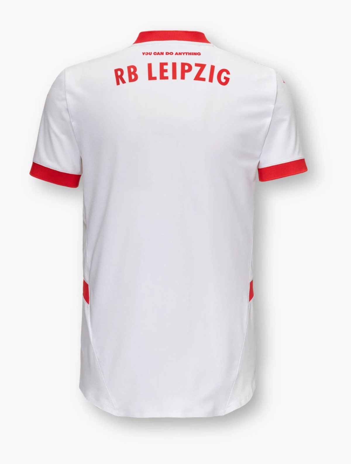 Back view of a white RB Leipzig polo with red collar and sleeve cuffs, showing the red 'RB LEIPZIG' text on the upper back.
