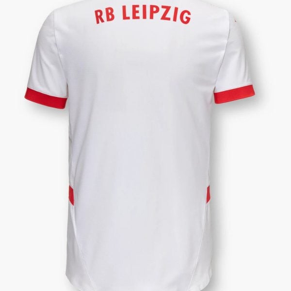 Back view of a white RB Leipzig polo with red collar and sleeve cuffs, showing the red 'RB LEIPZIG' text on the upper back.