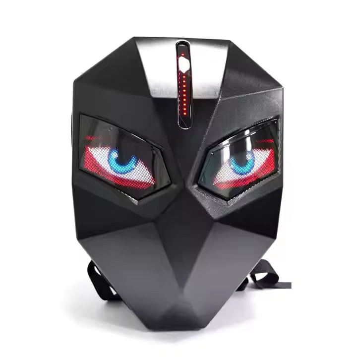 H7463d3f8dbc04b7cacb8015f6656bdfbz | UAE SPORT STORE Black geometric mask with angular facets, glowing blue and red LED eyes, and a vertical LED strip on the forehead, placed on a white surface with straps visible underneath.