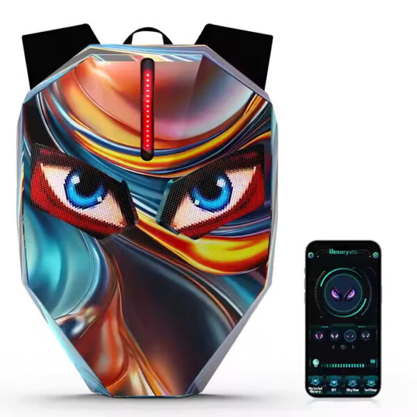 Backpack with a glossy, mask-like artwork and a red LED stripe, shown beside a smartphone displaying a game/app interface.