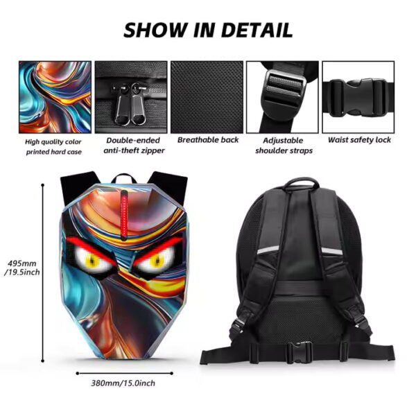 Backpack with a bright abstract shield graphic on the front; dimensions 495mm by 380mm (height by width).
