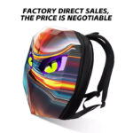 Vibrant, angular-patterned backpack with multicolored design and the promo slogan 'Factory direct sales, the price is negotiable'.