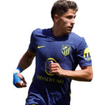 Footballer in blue Atlético Madrid jersey sprinting forward, sponsor logos visible, right arm taped in blue.