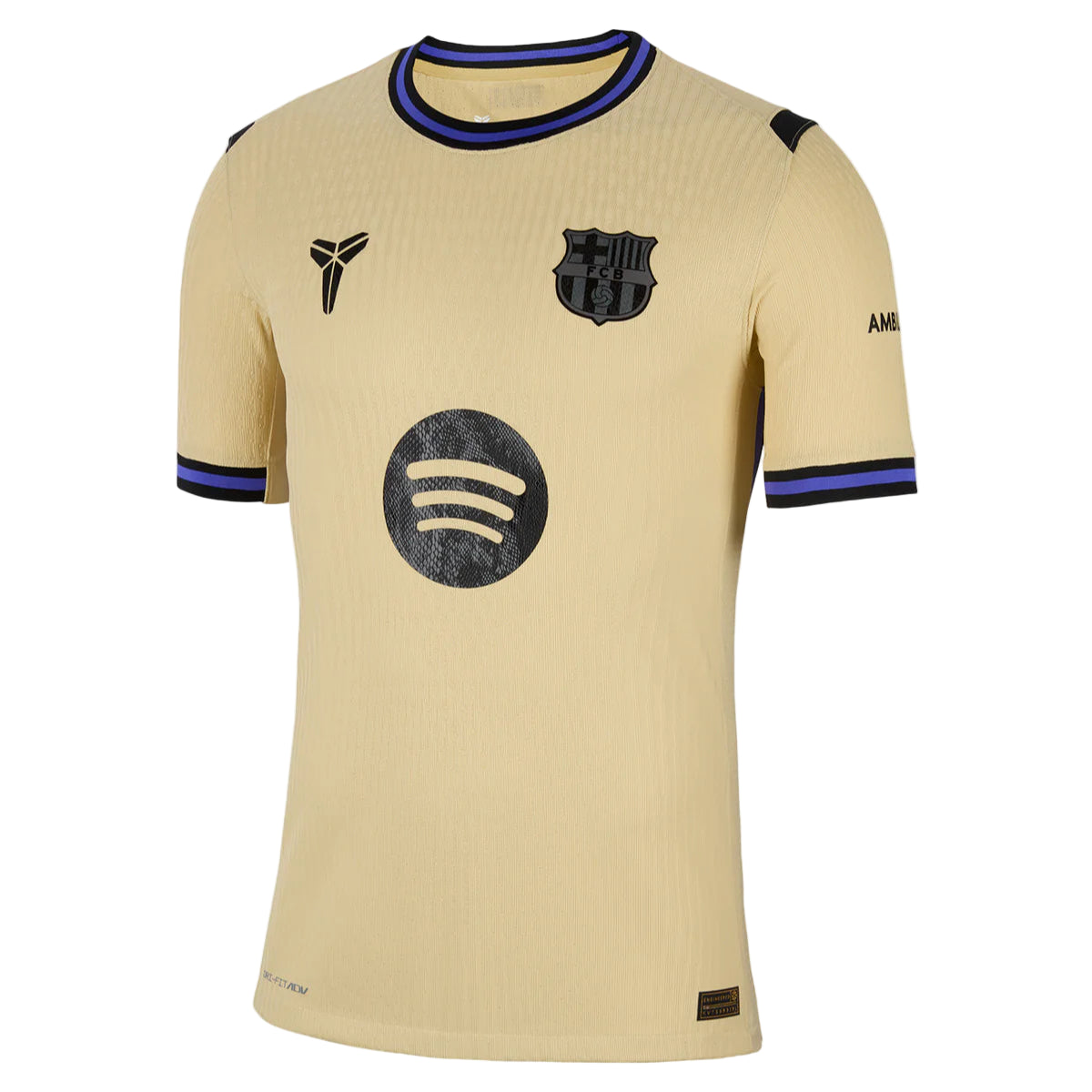 HJ4554-784_431735159_D_A_1X1_a2a13da6-8d40-47e4-a1b6-9235e1af7793 Beige FC Barcelona soccer jersey with blue-black trim and Spotify logo across the chest.