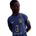 Portrait of a man in a blue football jersey with yellow sponsor logos and a club crest, looking to his left.