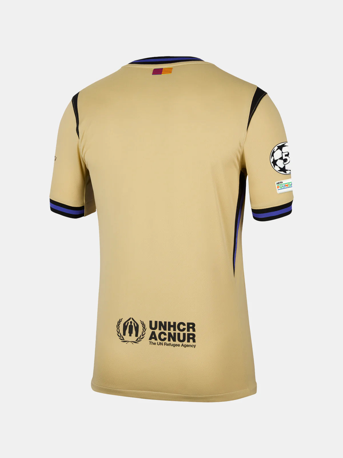 HJ4603-784_431735711_D_B_1X1_2_c7e0679c-8d01-4445-b2c8-aca0c7f3355f | UAE SPORT STORE Beige athletic jersey shown from the back, featuring UNHCR/ACNUR logo at the lower back and striped blue-black cuffs. A small flag at the collar and a UEFA-style patch on the right sleeve are visible.