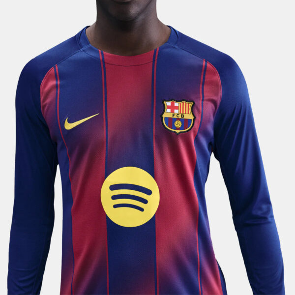 FC Barcelona football jersey front view with blue and red vertical stripes, Nike swoosh, crest, and Spotify sponsor logo beneath the chest.
