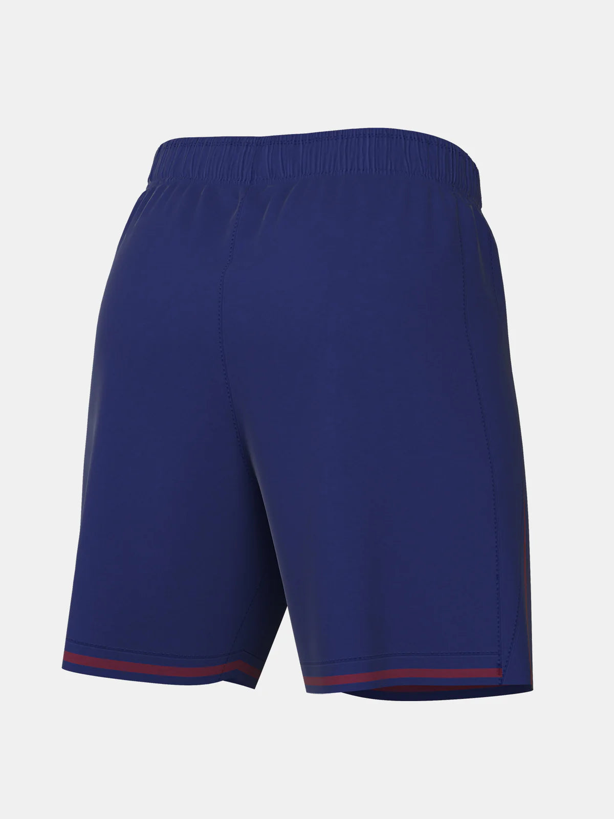 HJ4674-455-VPSRH000 | UAE SPORT STORE Back view of royal blue athletic shorts with an elastic waistband and red stripe trim at the hem.