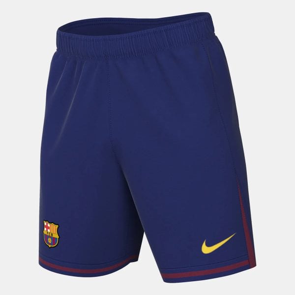 Full isolated front view of blue Barcelona shorts with red trim, yellow swoosh and club crest.