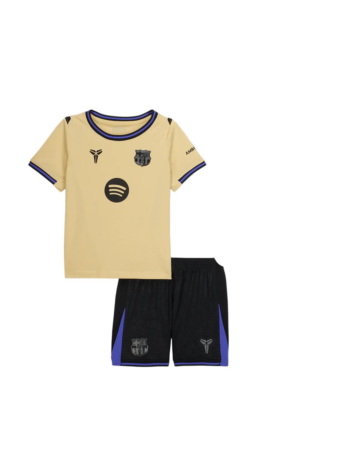 HJ5618-784_431724372_D_A_4X5_52b702a6-3347-40d4-a8c1-87da48078603 Beige soccer jersey with blue trim and team crest, paired with black shorts that have blue panels.