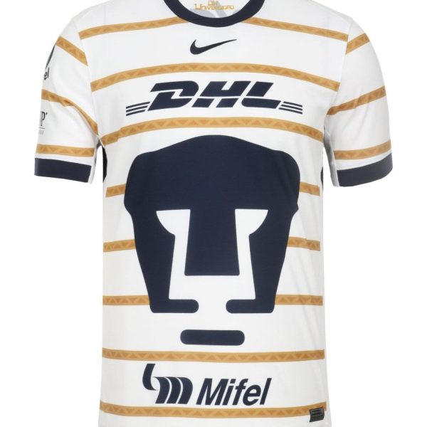White sports jersey with gold horizontal stripes, navy collar, DHL sponsor logo, Nike swoosh, and large navy chest emblem.