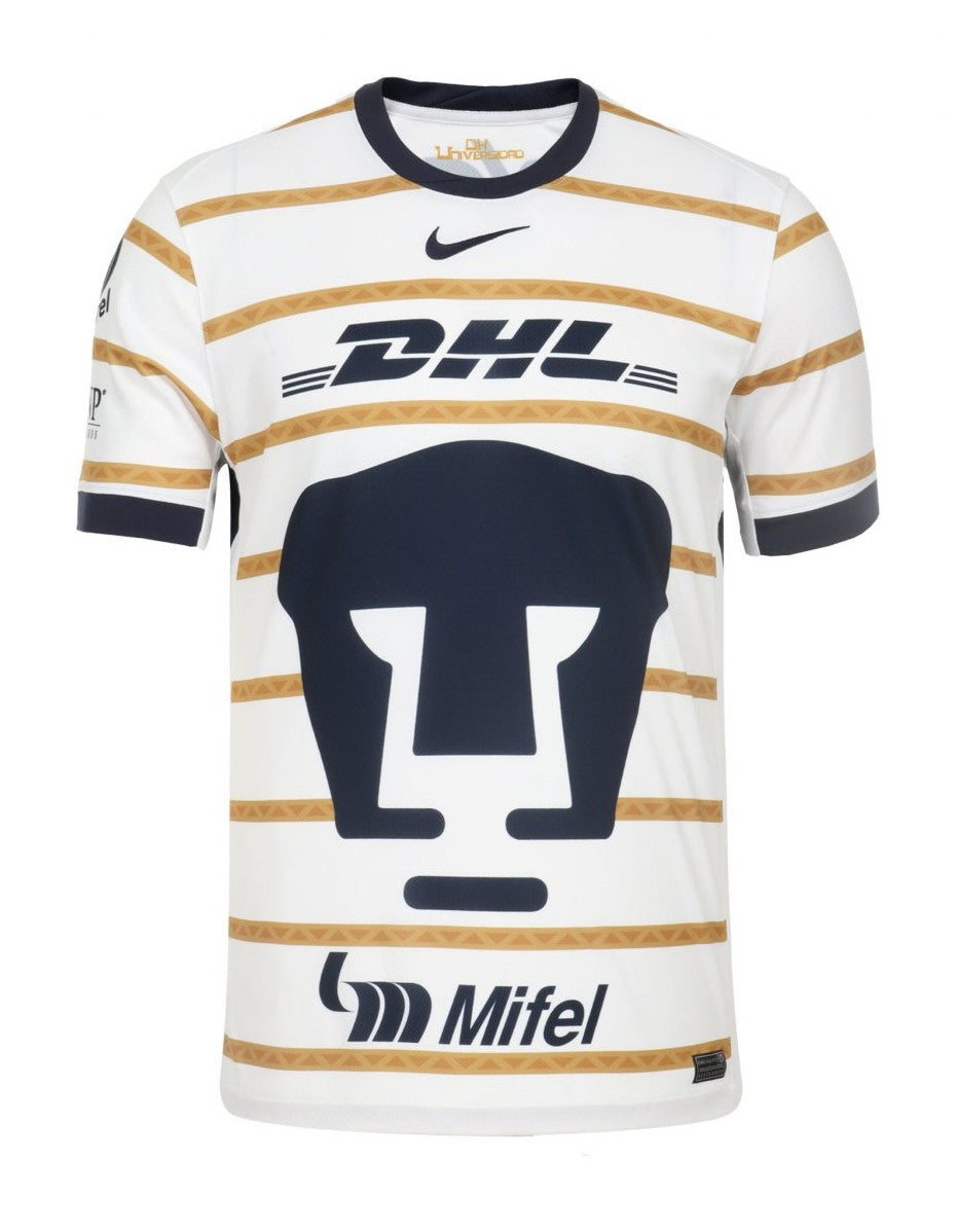 HKEVxtbYb1aI8QC White sports jersey with gold horizontal stripes, navy collar, DHL sponsor logo, Nike swoosh, and large navy chest emblem.
