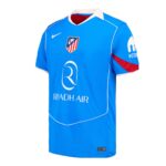 Blue Atlético Madrid soccer jersey featuring Riyadh Air sponsor and white collar, Nike logo visible on chest