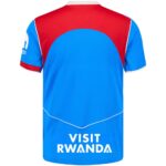 Back view of a blue and red sports jersey with white piping and the text 'VISIT RWANDA' at the hem.