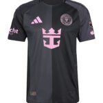 Dark gray and black split soccer jersey with a pink team crest on the left chest and a pink Adidas logo on the right chest.
