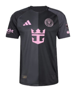 Dark gray and black split soccer jersey with a pink team crest on the left chest and a pink Adidas logo on the right chest.