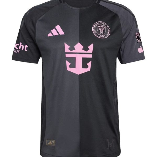 Dark gray and black split soccer jersey with a pink team crest on the left chest and a pink Adidas logo on the right chest.