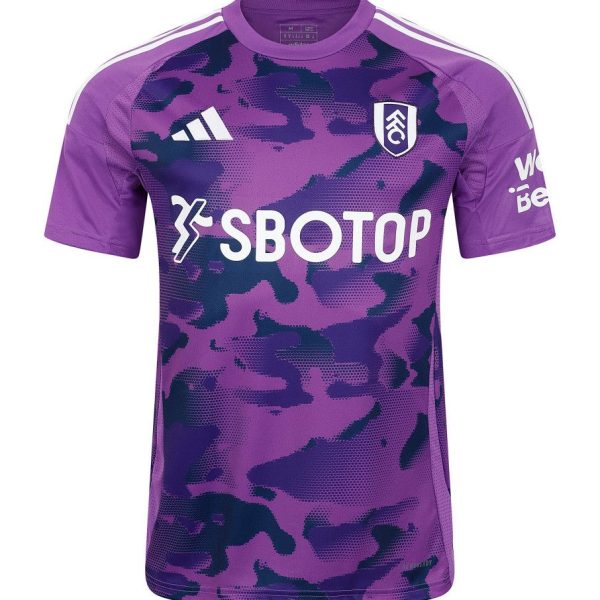 Purple camouflage FC jersey with SBOTOP sponsor logo and FC crest on chest, white Adidas stripes on shoulders, short sleeves