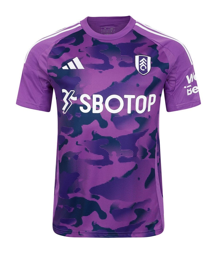 HUNkpKGoQIzCZxZ | UAE SPORT STORE Purple camouflage FC jersey with SBOTOP sponsor logo and FC crest on chest, white Adidas stripes on shoulders, short sleeves