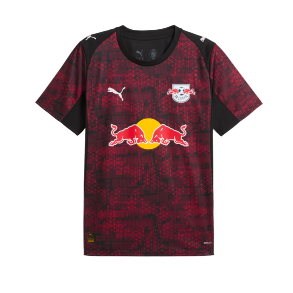 RB Leipzig football jersey with large Red Bull logo on a maroon geometric pattern, front view.
