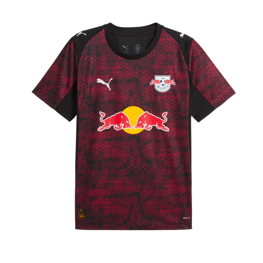 HX RB Leipzig football jersey with large Red Bull logo on a maroon geometric pattern, front view.