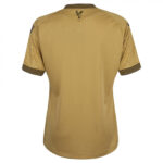 Back view of a gold sports jersey with black striped collar and cuffs, featuring a small crest at the neck.