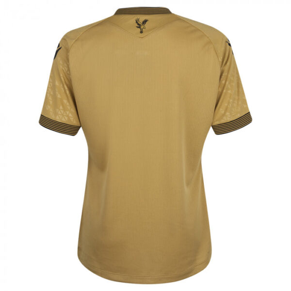 Back view of a gold sports jersey with black striped collar and cuffs, featuring a small crest at the neck.