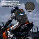 Rider on a bike in heavy rain, wearing a dark helmet; promotional text touts waterproof design for outdoor riding and bright RGB LEDs.