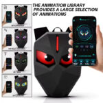 Geometric black mask with red glowing eyes; a smartphone shows the animation app UI beside it (center).