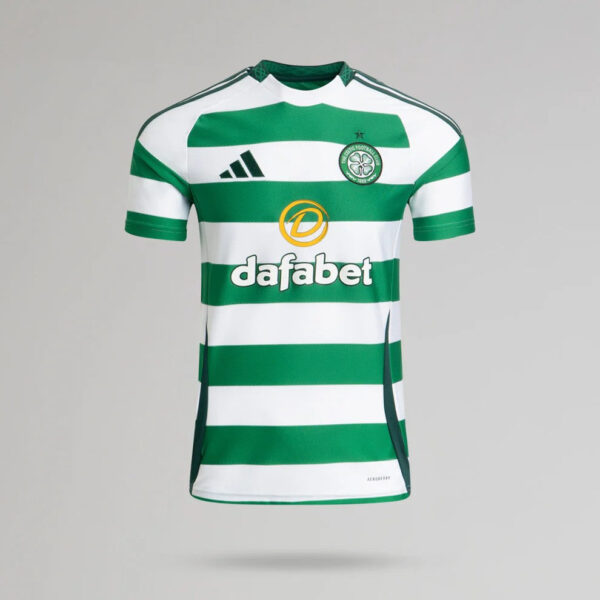 Celtic FC home football jersey with green and white hoops, sponsor logo 'dafabet' on the chest, Adidas emblem visible.