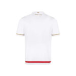 White polo shirt seen from the back with gold piping on sleeves and a red band at the hem.