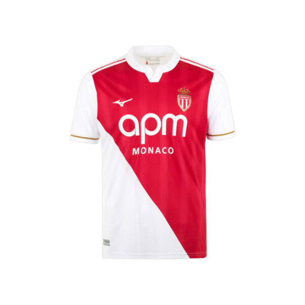 Monaco football jersey with red diagonal panel and white sides, featuring 'apm MONACO' sponsor and club crest on the chest.